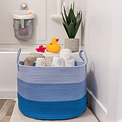 OrganiHaus Round Toy Basket & Blanket Basket, Cotton Rope 20x13" - color: 3-toned Blue, size: Wide