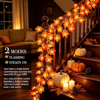 Fall Decor 2 Pack Fall Garland with Lights Enlarged Maple Leaves 20Ft 40LED - size: 2 Pack