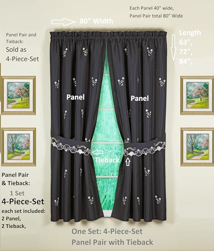 Today's Curtain Verona Reverse Embroidery Panel Pair and Tiebacks, 72", Black/Rose, 80" W X 72" L - color: Black/Rose, size: 80"W x 72"L (Pack of 1)