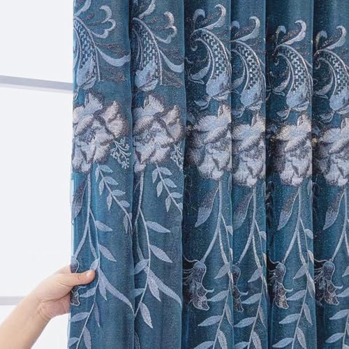 Amidoudou 1 Pair European Double Layer Curtains for Living Room Bedroom Luxury Peacock Flower Embroidered Curtains with Valance (Blue,51x96 Inch) - color: Blue, size: 51"W x 96"L (Pack of 2)