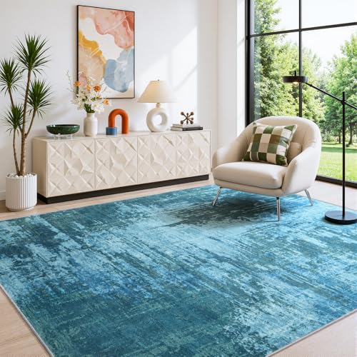 Merelax 4x6 Blue Washable Area Rug Non-Slip Faux Wool Abstract Carpet - color: Blue, size: 4' x 6'(48''x72'')