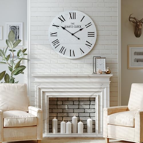 ARTPOWER 24" Extra Large Farmhouse Wall Clock,Solid Wood Veneer,White - color: White, size: 24"W x 24"H