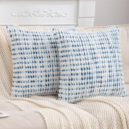 LUOYEHK Boho Throw Pillow Covers 18x18 Inch Set of 2 Chenille Tufted Pillowcase Farmhouse Neutral Cushion Covers for Couch Sofa Bed Living Room, Blue White - color: Blue White, size: 18" x 18" (Pack of 2)