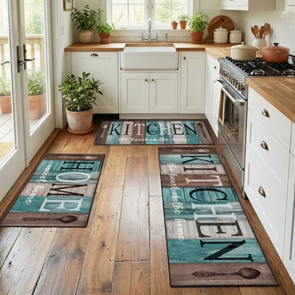 Kitchen Rugs Sets of 3 Non Slip Washable Mats for Floor, Turquoise - color: Turquoise Teal