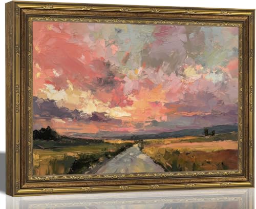 Vintage Gold Framed Wall Art, Colorful Sunset Road Canvas Print, 16x12 In - color: Framed-pink, size: 16"L x 12"W