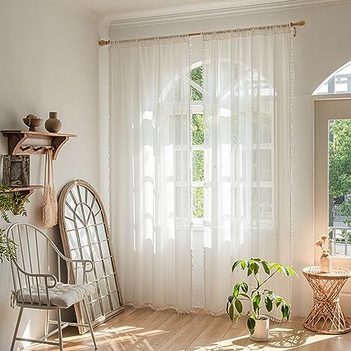 Sutuo Home Ivory Boho Curtains 2 Panels 84 Inches Length for Bedroom, Window Treatments Bohemian Sheer Crochet Lace Vintage Drapes Pair, Geometry Knitted Handmade Tassels Rod Pocket, 52" x 84" - color: Ivory Striped, size: 52"W x 84"L (Pack of 2)