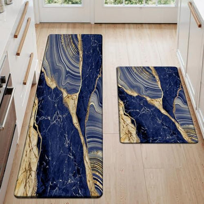 Kitchen Mats Set of 2, Cushioned Anti Fatigue Non Slip Waterproof Runner, Blue Marble and Golden Veins Design, PVC Memory Foam for Kitchen Sink and Laundry - color: Blue Marble 1