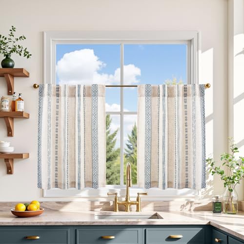 jinchan Liora Blue Boho Linen Tier Curtains 24 Inches Back Tab 2 Panels - color: Liora | Blue on Linen, size: 26"W x 24"L (Pack of 2)