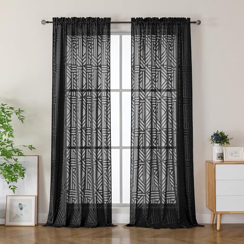 Simplebrand Semi Sheer Black Curtains 96 Inches Long 2 Panels, Light Filtering Geometric Jacquard Clip Textured Sheer Curtains for Living Roon，Modern Elegant Window Curtains Drapes，52x96 inch - color: Black, size: 52"W x 96"L (Pack of 2)