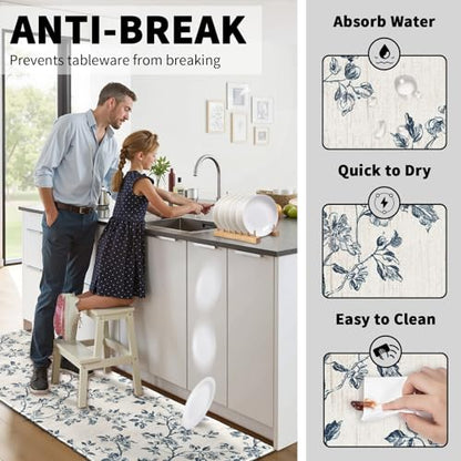 Blue Floral Kitchen Rugs 2 Pcs Blue and White Chinoiserie Flower Kitchen Mat Non Slip Comfort Standing Mat Rug for Kitchen Sink Laundry Bedroom Bathroom, Dusty Blue - color: Dusty Blue