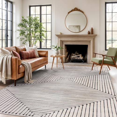 Rugshop Bohemian Stripes Marbella Non-Slip Washable Area Rug Beige 5' x 7' - color: Beige, size: 5' x 7' (Rectangular)