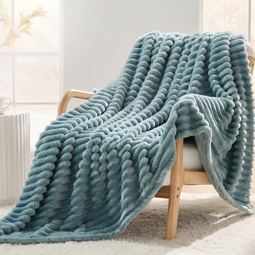 330GSM Ribbed Fleece Twin Blanket for Bed, Dusty Blue, 60"x80" - color: Dusty Blue, size: Twin(60"x80")