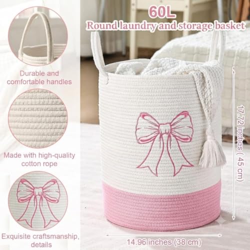 Honeydak Pink Bow Cotton Rope Laundry Basket Hamper, Bowknot - style: Bowknot