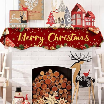 NYZE Christmas Mantel Scarf 60 x 17 Inch Fireplace Mantel Scarf Cover Decoration for Christmas Fireplace Scarf Shelf Top Runner Holiday Winter Home Decor - size: 60 x 17 in, style: Merry Christmas 2