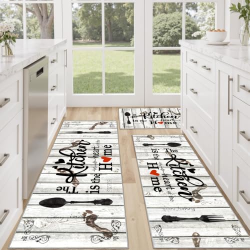 Non Slip Kitchen Mats for Floor Washable Kitchen Rugs Sets of 3, White Grey - color: Heart-white Grey, size: 20"x32"+20"x48"+20"x59"