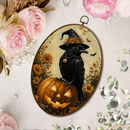JQF Halloween Black Raven Halloween Oval Wall Decor Framed 444XW-YGH-fall - color: fall cow-2