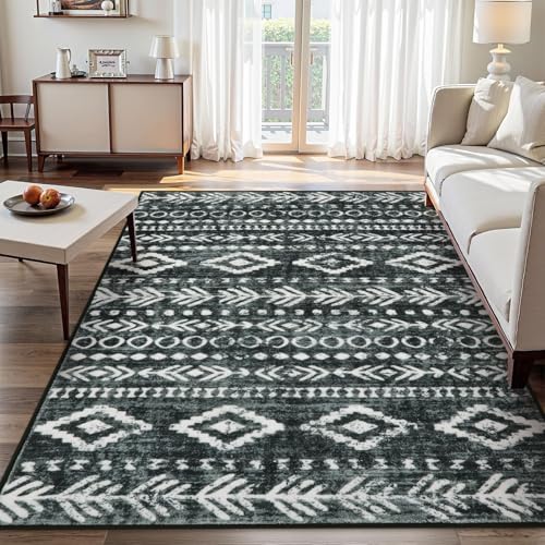 Lahome Machine Washable Non-Slip Rug 6x9 - Ultra-Thin Stain Resistant Boho Moroccan Black Area Rugs Soft Low-Pile Distressed Geometric Tribal Print Carpet for Living Room Bedroom Dining Room Varena - color: Black/White, size: 6' x 9'