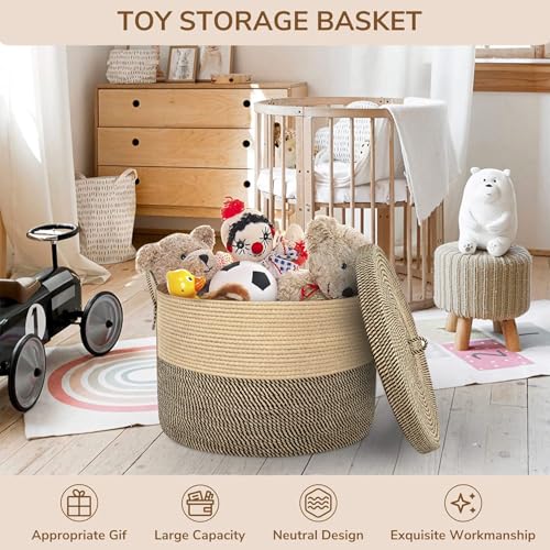 XXXXL Extra Large blanket basket with lid 21"x21"x18" blanket storage for living room,Large woven storage basket round laundry basket rope basket 115L (Jute&Black) - color: Jute&Black