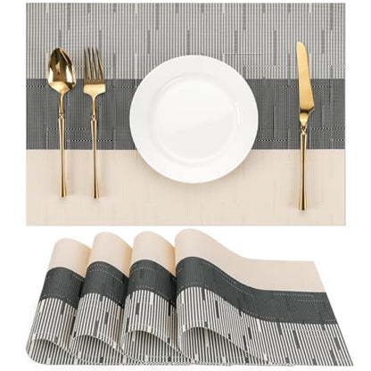 Placemats Set of 4, Vinyl Woven Heat-Resistant Place Mats - color: Beige Black, size: Set of 4