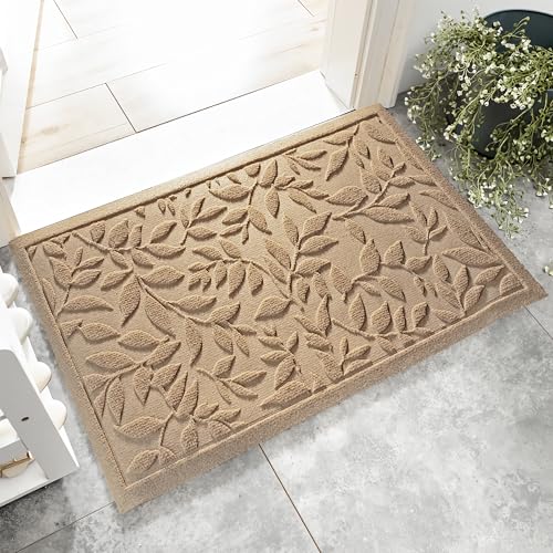Beige Leaves Outdoor Indoor Entrance Doormats, Absorbent Durable Heavy Duty Welcome Front Door Mat,Thick Natural Rubber Back,Easy Clean Entryway Mat 17x30 Inch, Low Profile - color: Leaves-beige, size: 1'5" x 2'6" (Rectangular)