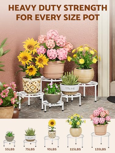 5 Pack White Metal Outdoor Plant Stands Plant Risers Patio(WhiteLeaf) - color: WhiteLeaf