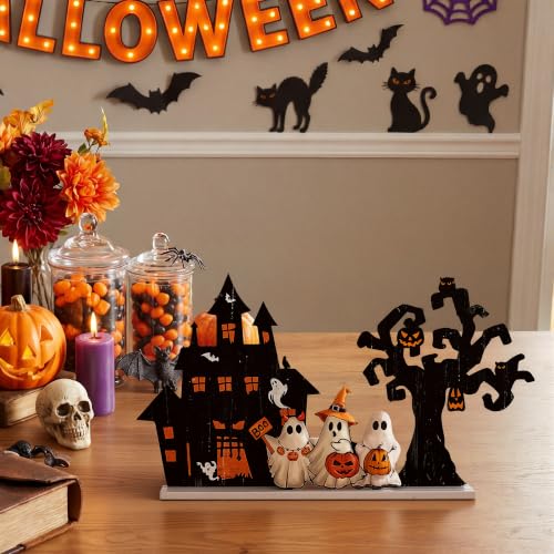 Smile Halloween Wooden Standing Decor Set Ghost Haunted House and Tree - style: Halloween Tree
