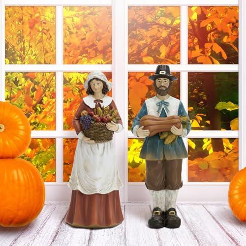 Yuntau 2 Pcs Thanksgiving Decoration Wooden Pilgrim Figurines Couple Statue - style: Wooden Pumpkins Pilgrim