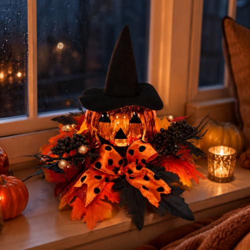 Svndlyn 15 Inch Lighted Halloween Pumpkin Decor with Witch Hat and Bow