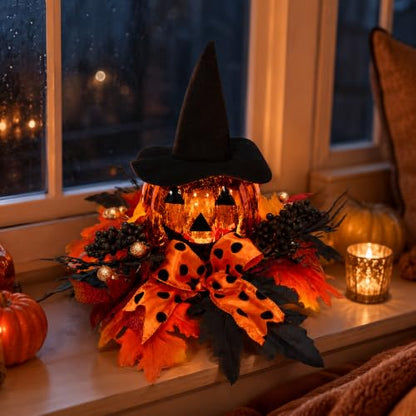 Svndlyn 15 Inch Lighted Halloween Pumpkin Decor with Witch Hat and Bow