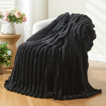 NEWCOSPLAY Fleece Ribbed Cozy Throw Blanket for Couch, Black, 50"x60" - color: Black Ribbed, size: Throw(50"x60")
