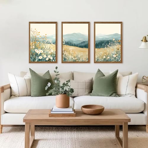 AVECCO 3 Pieces Wildflower Meadow Mountain Framed Canvas Wall Art 16x24 in - color: Mountain flowers, size: 24"L x 16"W