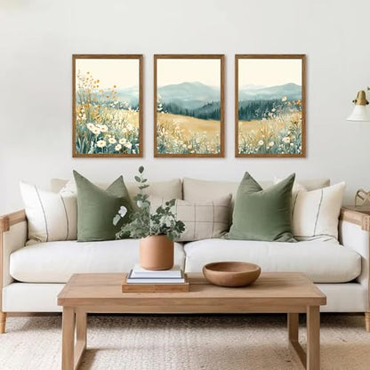 AVECCO 3 Pieces Wildflower Meadow Mountain Framed Canvas Wall Art 16x24 in - color: Mountain flowers, size: 24"L x 16"W