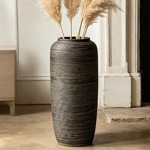 Brown Rustic Ceramic Floor Vase, 15.7 Inch, Ribbed Texture - size: 15.7 Inch