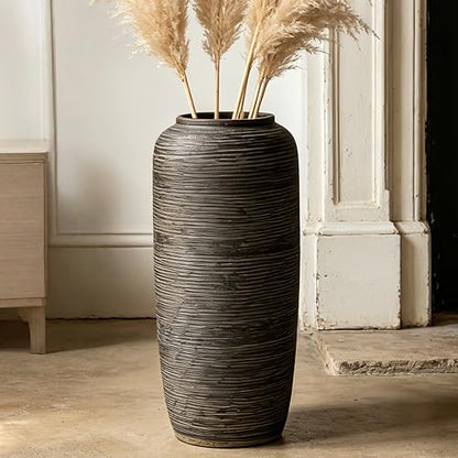 Brown Rustic Ceramic Floor Vase, 15.7 Inch, Ribbed Texture - size: 15.7 Inch