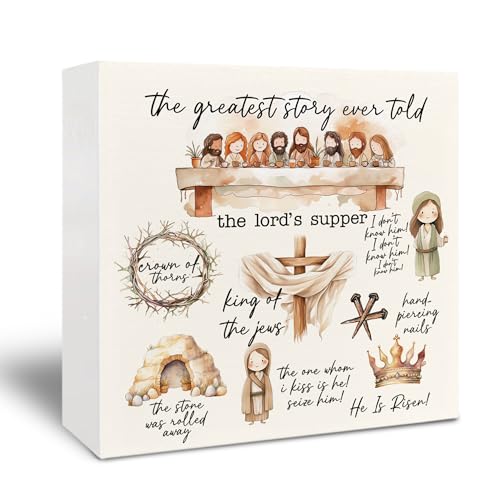 Easter Wooden Box Signs - Easter Table Desk Decor, Christian Gifts, Bible Verse Decor, Inspirational Desk Signs for Home Bathroom Kitchen 5x5 Inch - color: Story