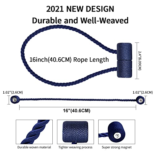 18 Inch Strong Magnetic Curtain Tiebacks, Curtain Holdbacks Modern Upgrade Strong 2021 New Twisted Style Decorative Drapery Rope Tie Backs(2 Pack Navy Blue) - color: Navy Blue