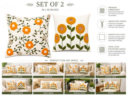 Embroidered Throw Pillow Set of 2, 18x18 Decorative Floral Accent Pillows with Inserts Included, Premium Woven Canvas Cushion for Couch, Sofa, Bed, Living Room Home Decor