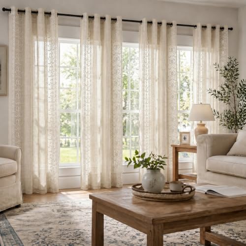 Deconovo Floral Linen Sheer Curtains 96 Inch Long for Living Room 2 Panels - color: White/Vine Blossom/Grommet, size: 50"W x 96"L (Pack of 2)
