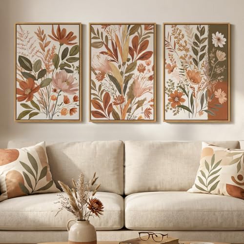 Framed Vintage Botanical Wall Art for Living Room Decor, 3 Piece Boho Warm Neutral Terracotta Floral Nature Canvas Prints, Retro Farmhouse Plant Wall Art for Bedroom Dining Room Entryway, 16x24 - color: Orange & Green, size: 16" W x 24" H x 3Pcs