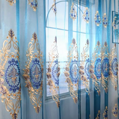 Amidoudou Rod Pocket Curtains European Luxury Sheer Embroidered Curtains for Living Room Bedroom Tulle Curtain (Blue,52" W x 84" L (Pack of 2)) - color: Blue, size: 52"W x 84"L (Pack of 2)