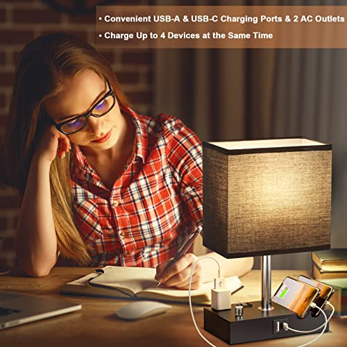Black Table Lamp for Bedroom - Stepless Dimmable, USB C+A, 2 AC Outlets - color: Black with Knob Switch, size: 1 Pack