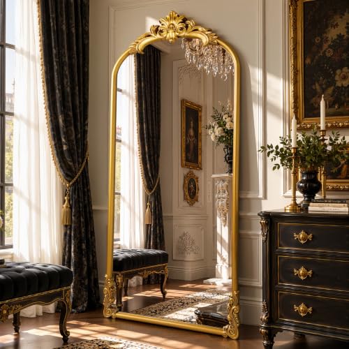 Ornate Arched Full Length Mirror 71"x 32"with Stand Antique Gold - color: Antique Gold, size: 71"L x 32"W