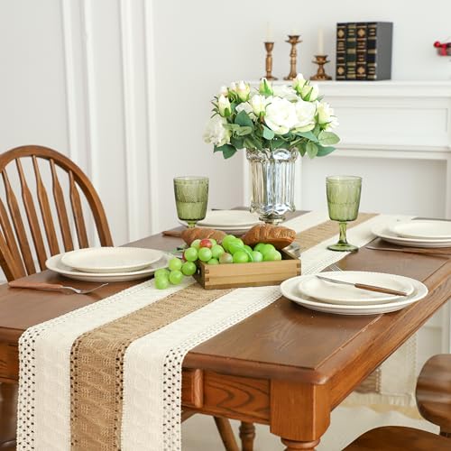 Simple&Opulence Boho Macrame Table Runner - 12 x 60 Inch, Splicing Burlap Farmhouse Cotton Table Runner with Fringed Edges for Bohemian Rustic Wedding, Bridal Shower, Dinner （White & Brown） - size: 12"x60", style: Brown