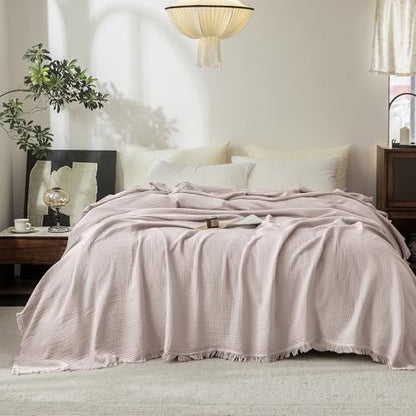 FOSSA Muslin Blanket: 4-Layer 100% Cotton Gauze Blanket with Fringe 98"x98" - color: Greyish Pink, size: Oversize Queen(98" × 98")