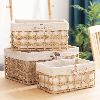 GIB Small Wicker Woven Storage Baskets for Organizng with Liners, Set of 3 - color: Beige