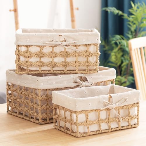GIB Small Wicker Woven Storage Baskets for Organizng with Liners, Set of 3 - color: Beige