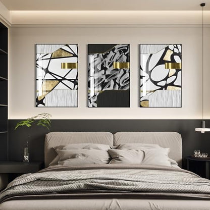 QKF 3Pcs Black White Gold Abstract Geometric Crystal Framed Canvas Wall Art - color: Black White Gold And Gray, size: 16" X 24" X 3 pieces