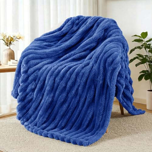 Exclusivo Mezcla Striped Fleece Throw Blanket for Couch, Sofa, Bed, 50"x60" - color: Cobalt Blue, size: Throw ( 50x60 IN )
