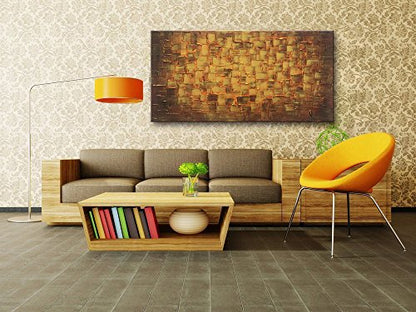 MyArton Large Abstract Golden Yellow Square Wall Art Hand Painted Textured Oil Painting on Canvas Ready to Hang 60x30inch - color: Golden, size: 60"L x 30"W