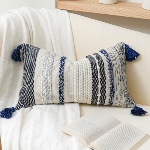 BlissBlush Decorative Lumbar Throw Pillow Cover 12x20 Boho Dark Blue Accent Cushion for Couch Sofa Farmhouse Pillowcase for Bedroom Living Room Home Décor Cover ONLY - color: Dark Blue, size: 20" x 12" (Pack of 1)